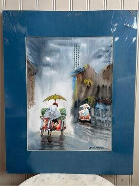 NEW Southeast Asia Rainy Street Scene Watercolor Painting Signed & Matted Art